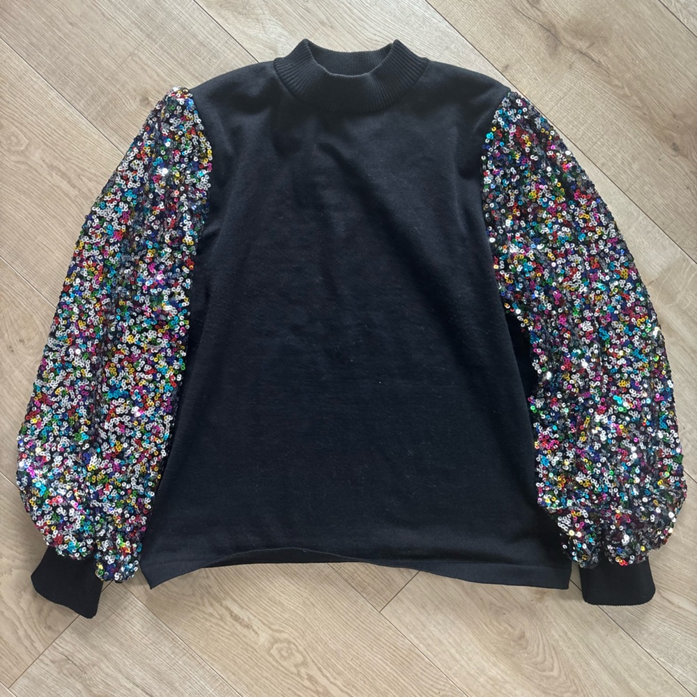 Black Sweater with Sequin Sleeve